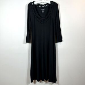 Karen Black Stretch Longsleeve Midi Neck Braid Casual Dress Women Medium
